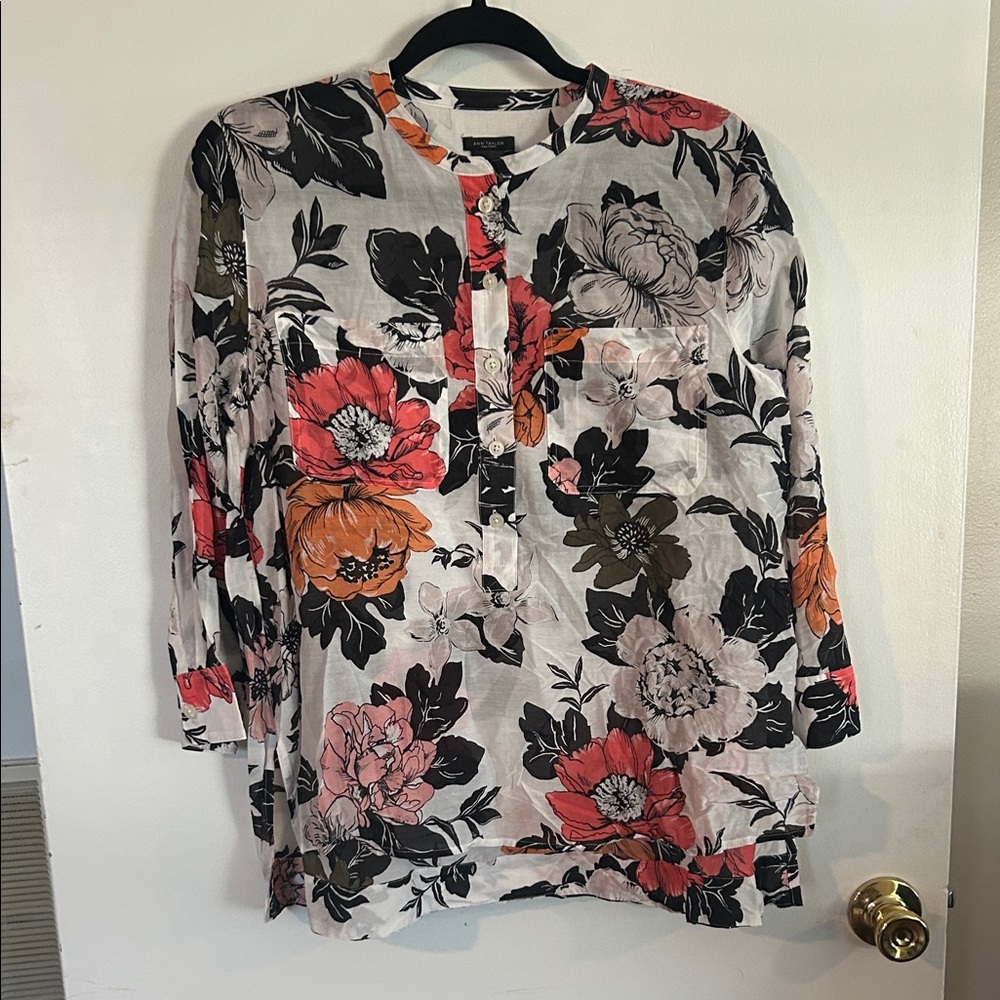 Ann Taylor Factory Floral Blouse - Black, Red, Orange, Green